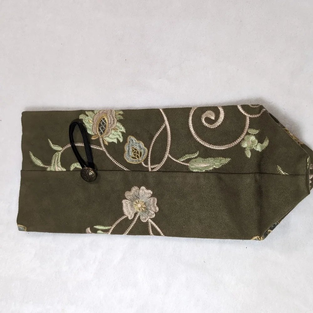 Embroidered Floral Wine Bag Gift Bag Olive Green Reusable Fabric Hostess Carrier